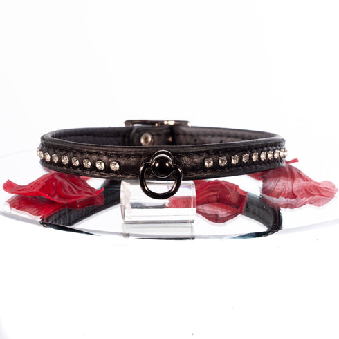 SiaLinda: Halsband echtes Elch Leder mit kl. O-Ring und Strass, schwarz / schwarz 14 mm breit - SiaLinda.com